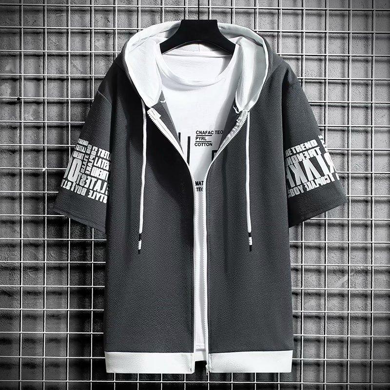 Męskie Bluzy Letnia Odzież Męska T-shirt Bluza z Kapturem na Zamek Kreskówka Casualowy T-shirt z Nadrukiem Top z Kapturem Krótki Rękaw