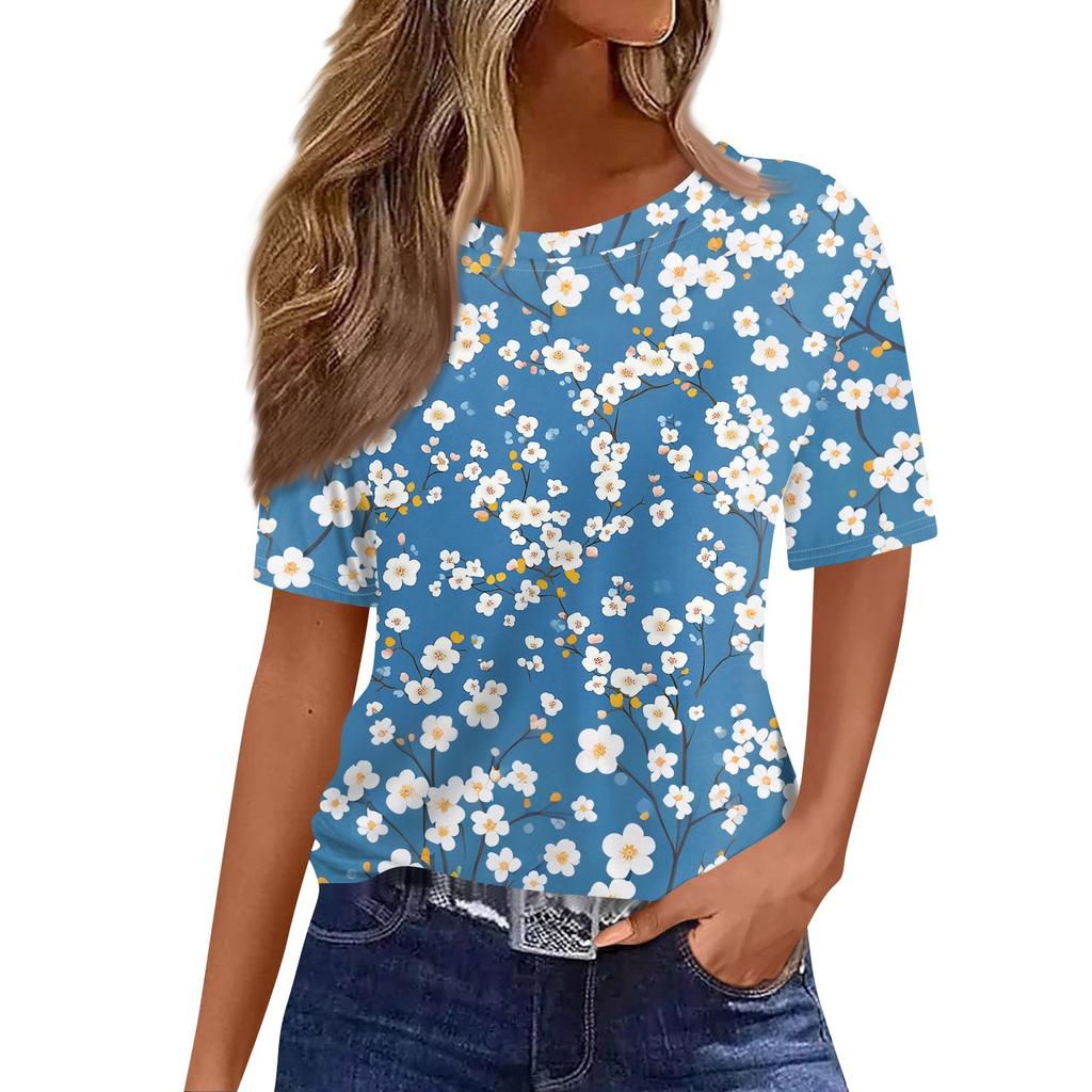 Γυναικείο Μοντέρνο Καθημερινό Μπλουζάκι Πουλόβερ με Μανίκι Κοντό και Εκτύπωση, Στρογγυλή Λαιμόκοψη