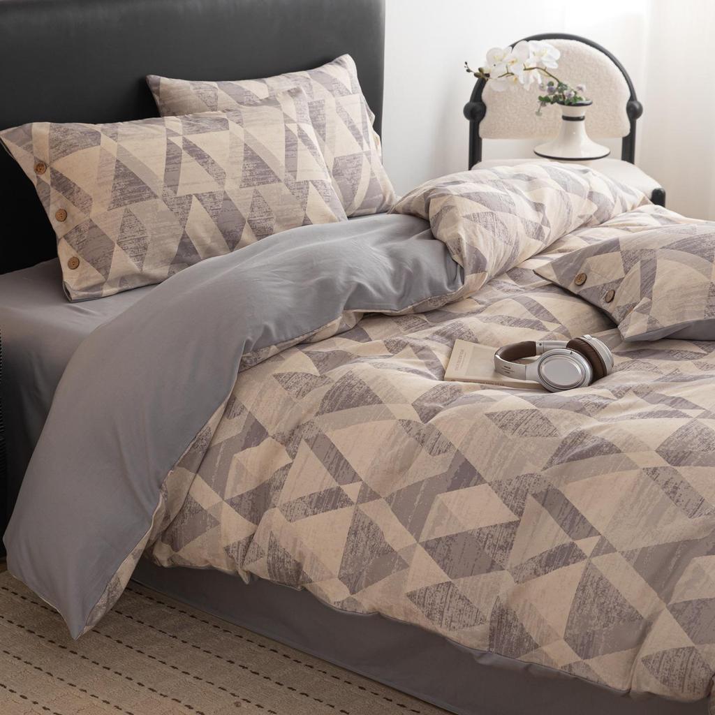 Spring/Summer Premium Cotton and Linen Four-piece Set with Buttoned Duvet Cover in Simple Stripes/Checks