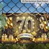 2D Flat, 1pc "70th Happy Birthday" Gold Glitter Aluminium Plaque Sign 12x8 Inch - Black & Gold 70th Birthday Balloon Design, Metal Wall Decor for