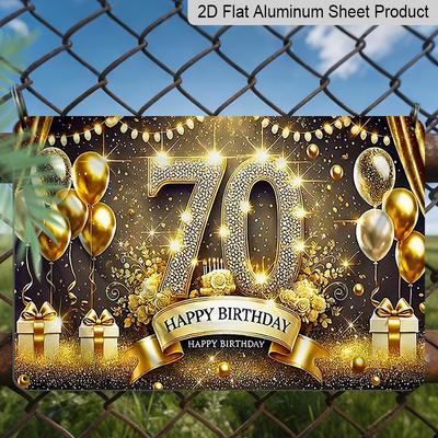 2D Flat, 1pc "70th Happy Birthday" Gold Glitter Aluminium Plaque Sign 12x8 Inch - Black & Gold 70th Birthday Balloon Design, Metal Wall Decor for
