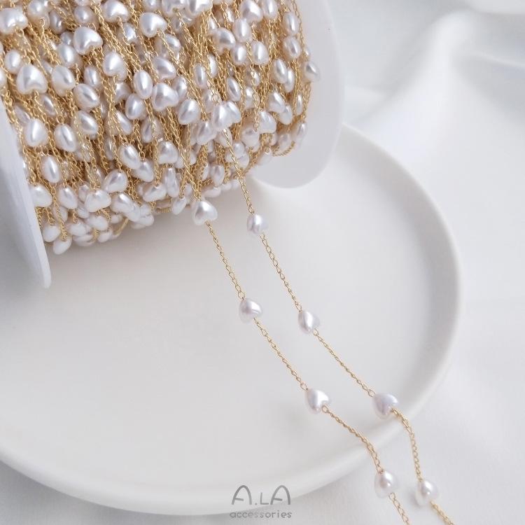 14K Gold-Filled Peach Heart Star Spacer Chain with Baroque Imitation Pearl for DIY Necklace Crafting