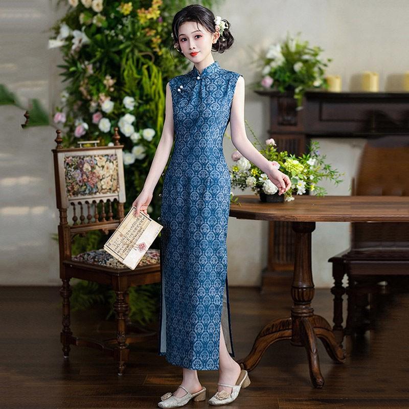 Blue Sleeveless Modern Chinese-Inspired Long Cheongsam Dress Women 2026 Stylish Retro Fit Small