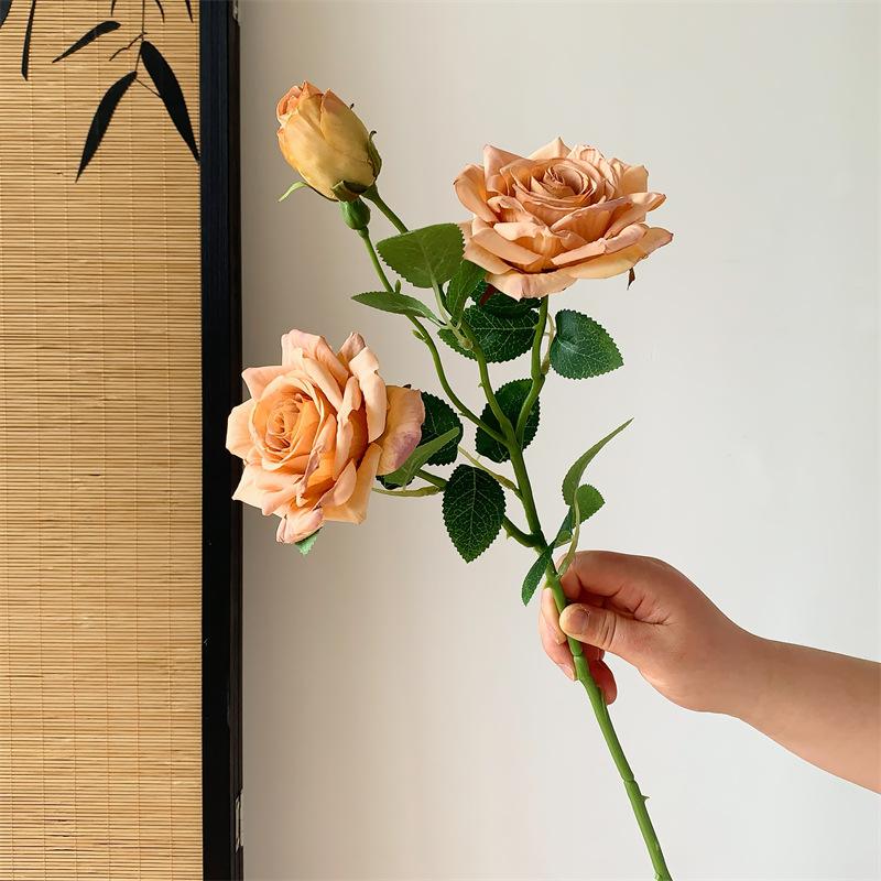 Fiore di Rosa Simulato a 3 Teste, Fiore Secco, Fiore Artificiale, Bouquet, Decorazione per Soggiorno, Oggetti di Scena per Foto
