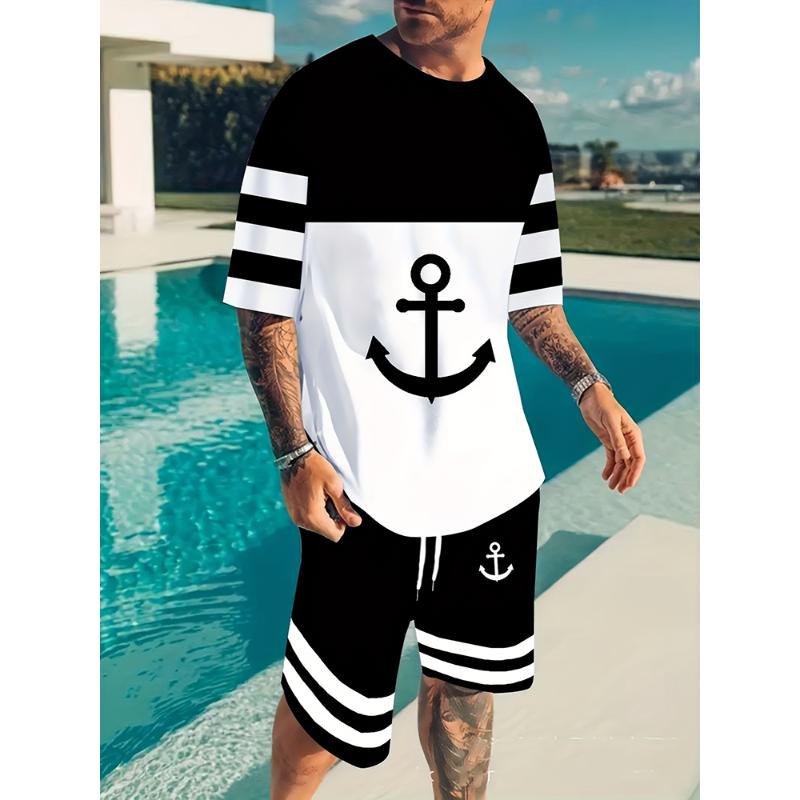 Letní Ležérní Každodenní Pánské Triko Outdoor Sportovní Plážové Kalhoty Street Fashion Krátký rukáv a Šortky se stahovací šňůrkou Pánský oblek