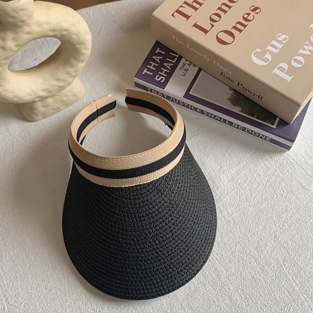 Large Brim Lafite Straw Visor Cap Adjustable Summer Sun Cap Seaside Hollow Hat Beach