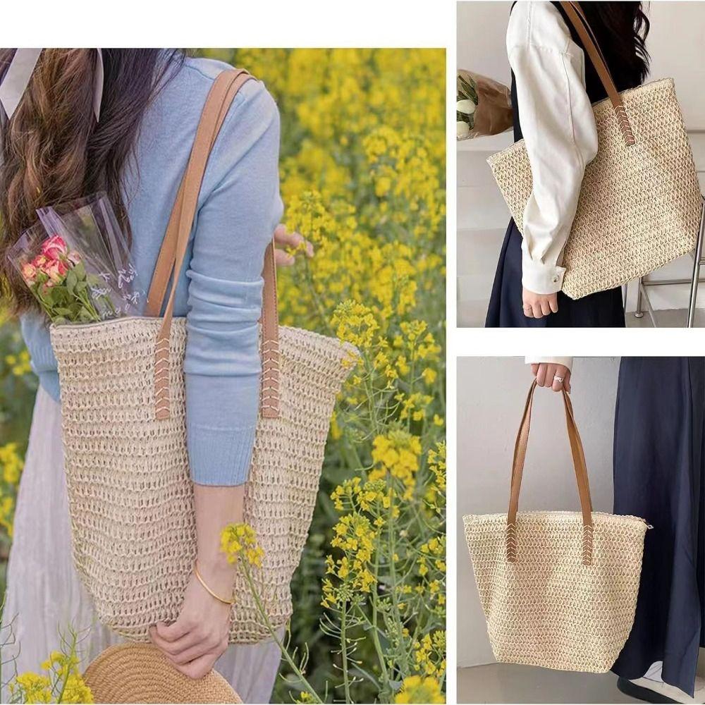 Plážová taška na zip Bohémský styl Raffiová taška přes rameno Ležérní tkaná slaměná taška Tote Letní