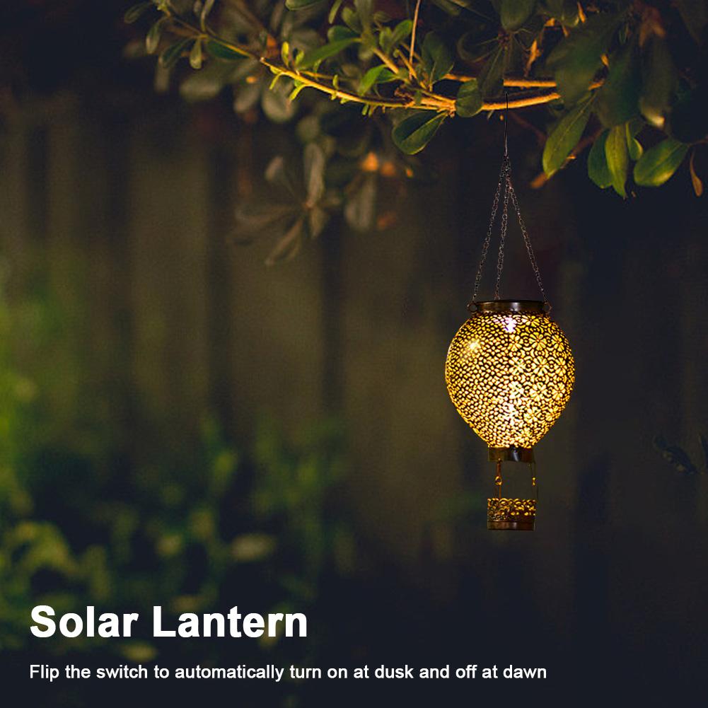 Solar Decorative Night Light 600mAh Metal Glowing Hollow Lantern Iron Retro Hot Air Balloon Light for Indoor Outdoor Garden Yard