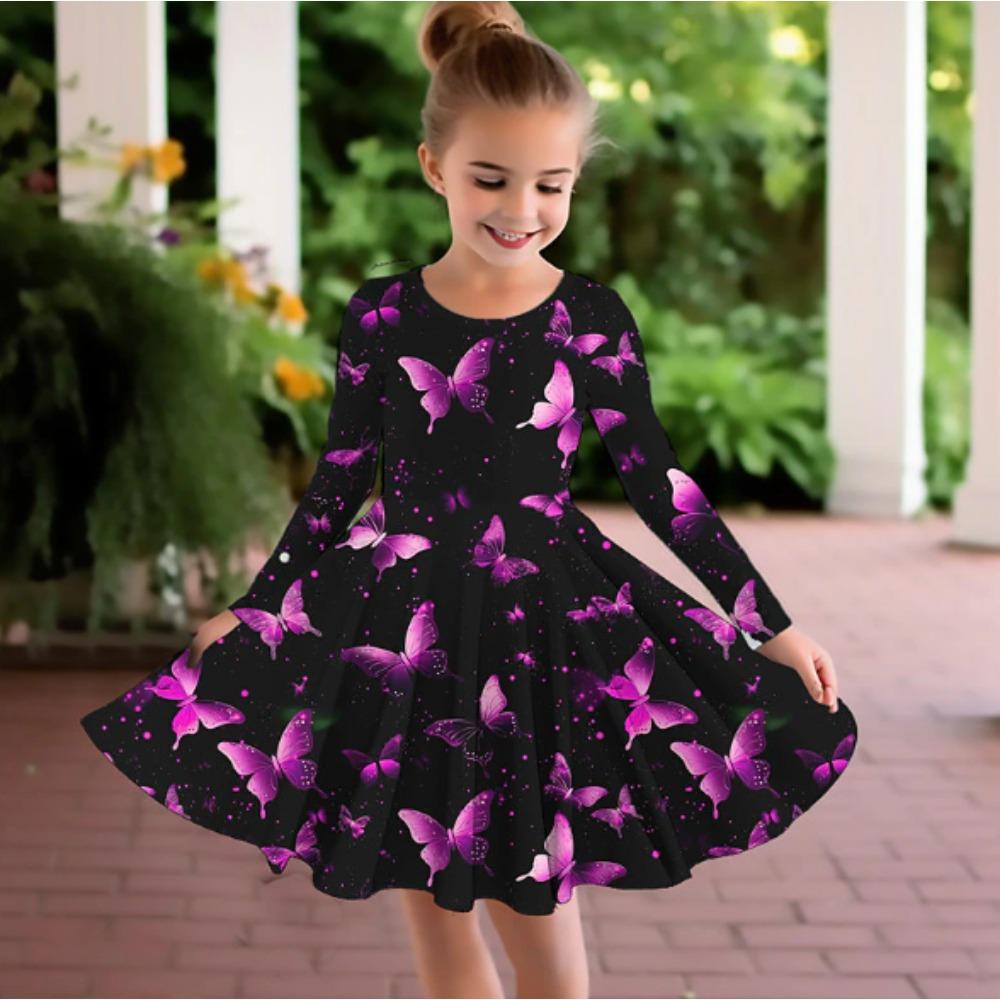 Vestito Casual da Bambina con Stampa 3D a Farfalle, Girocollo, Manica Lunga, Vestito da Principessa per Bambina