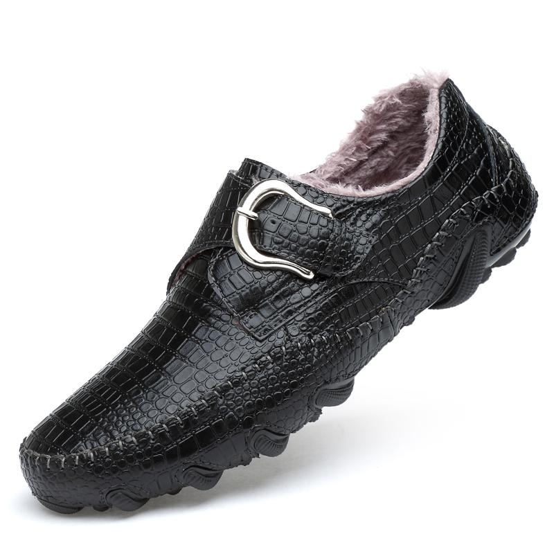 Fashion Winter Warm Fur Loafers Men Leather Casual Shoes Men Walking Footwear Non-slip Thick Sole Warm Men Sneakers Leather Moccasins