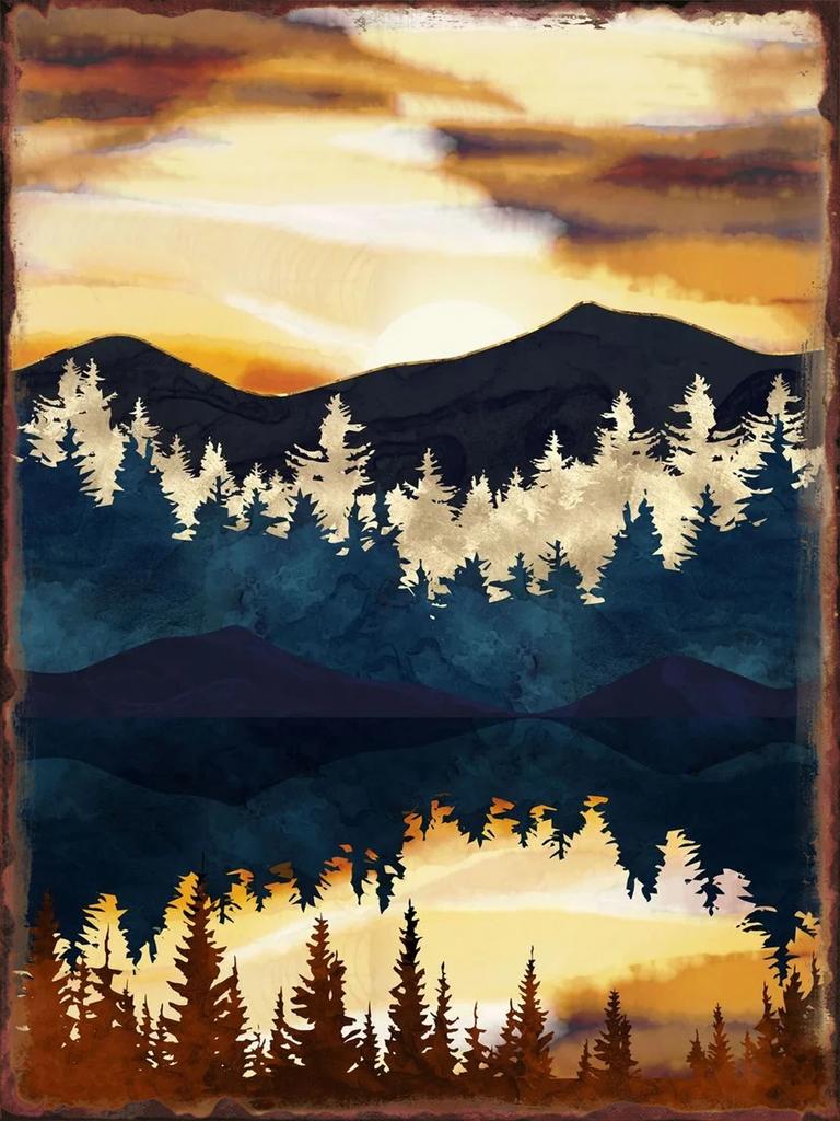 Moonlit Mountains Metal Tin Sign Hanging Wall Decor Aesthetic Iron Plate for Home Sofa Background Decorative Plaque Art