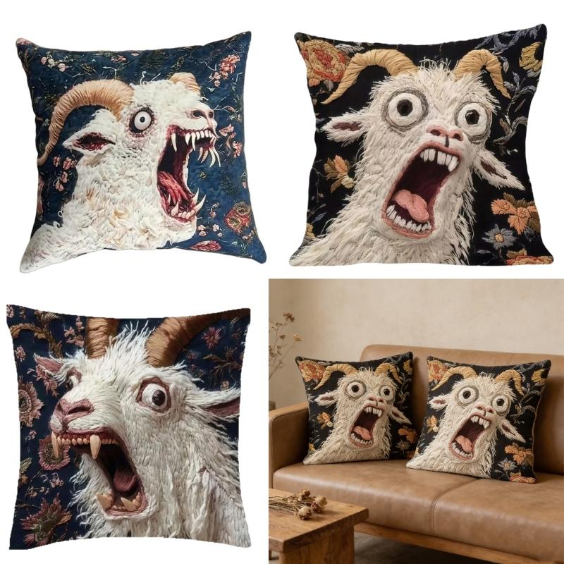 Funny Screaming Goat Throw Cushion Cover Crazy Animal Graphics 2D Flat Printed Decorative Square Pillowcase Decors