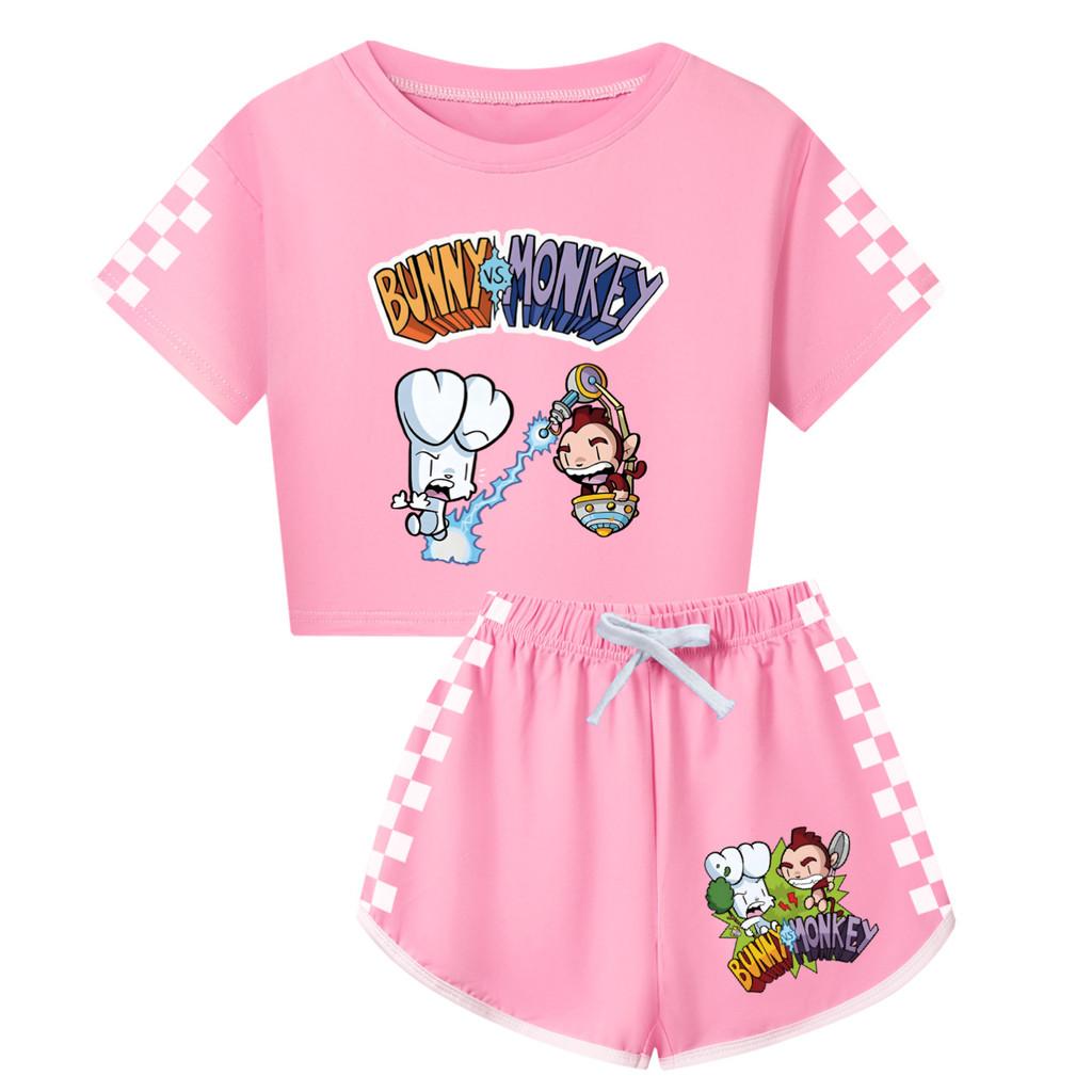 4187 Children Girls Bunny Monkey Print Short Sleeves T-Shirt Shorts Pants Tracksuit Clothes Set