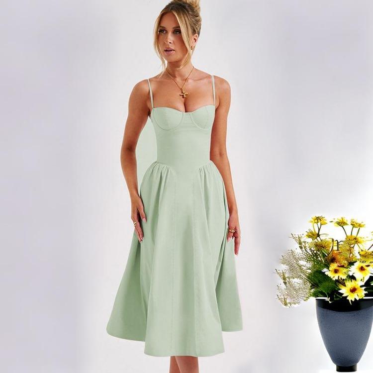 Women Print Dress High Waist Knee-Length Fashion Design Sense V-neck Backless Spaghetti Strap