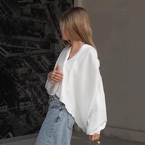 Temperament white stand-up collar shirt women's 1116 autumn old money style loose women's shirt medium and long women's clothing