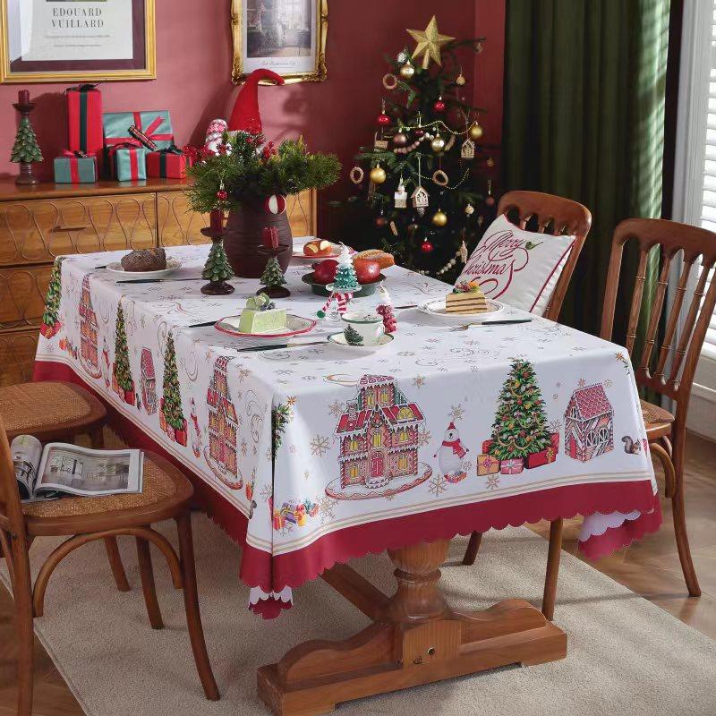 Festive Holiday Tablecloth Waterproof Polyester Embossed Rectangle Christmas Party Dining Cover with Lace