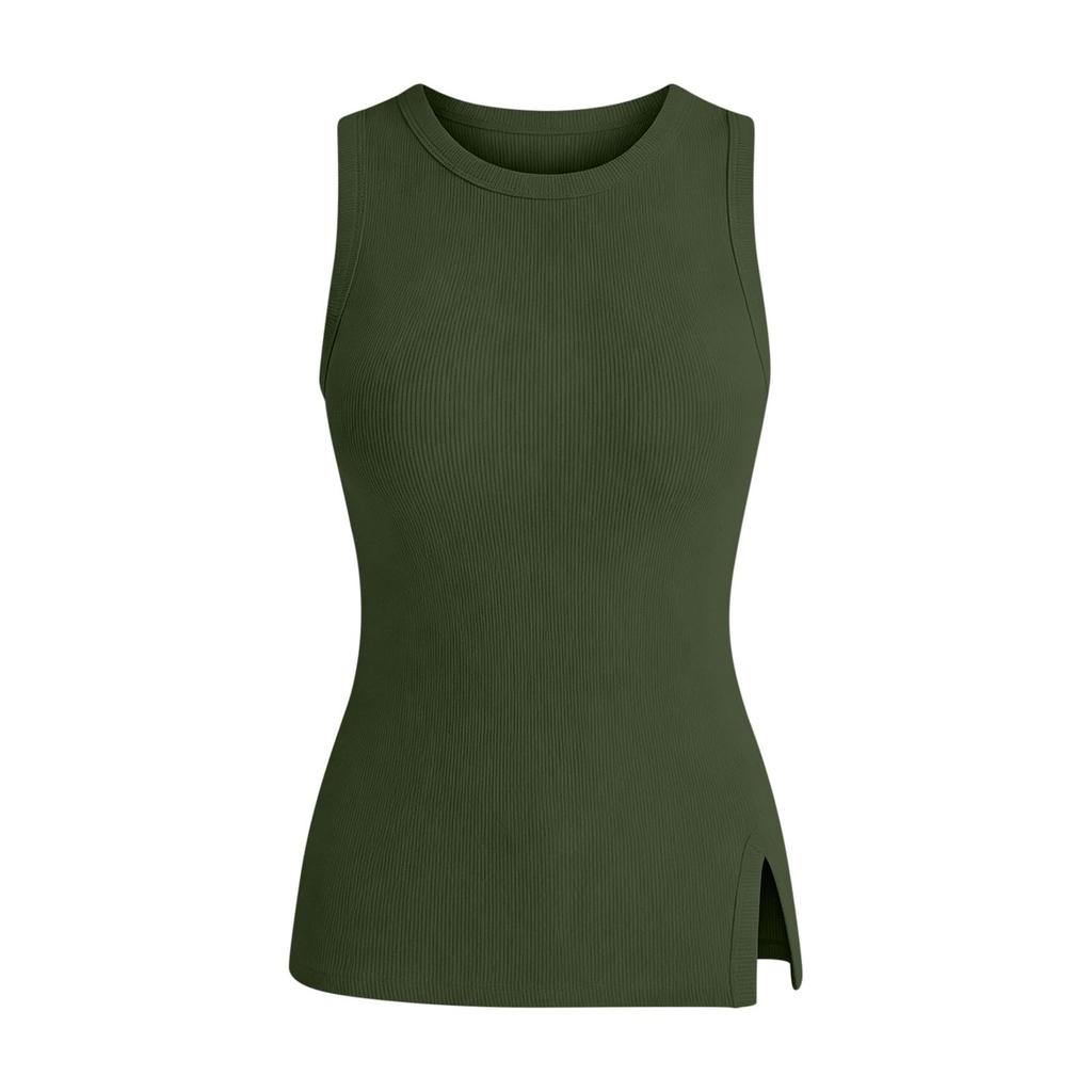 Women Sleeveless Tank Top Slim Fit Ribbed Knit Round Neck Split Hem Casual Summer Shirt