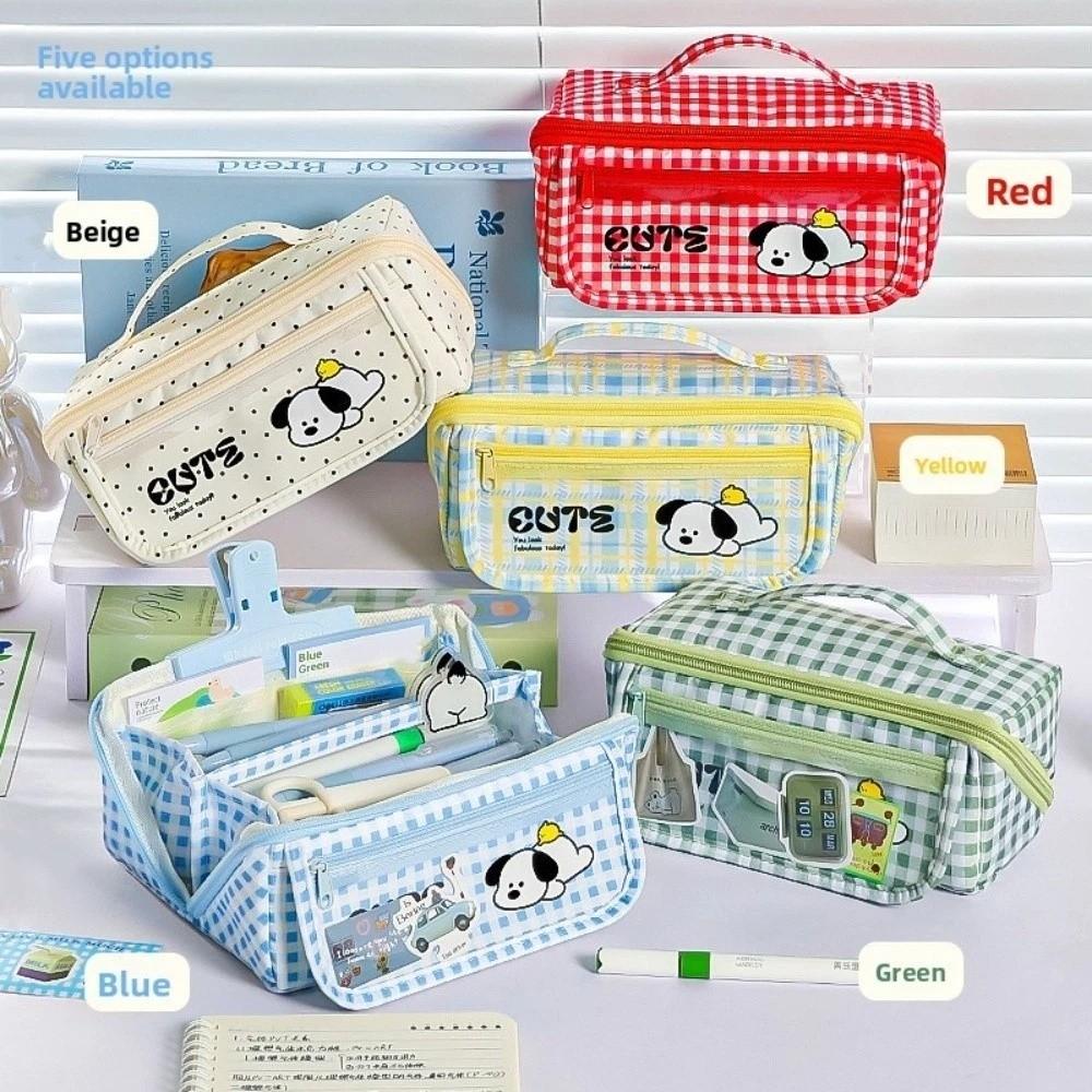 Puppy Grid Stationery Bag Korean Style Dopamine Pencil Pouch Kawaii Prism Pencil Case Unisex