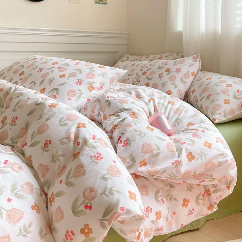 Small Fresh Washed Cotton Four-piece Set, Bedding Quilt Cover, Dormitory Single Bed Three-piece Set