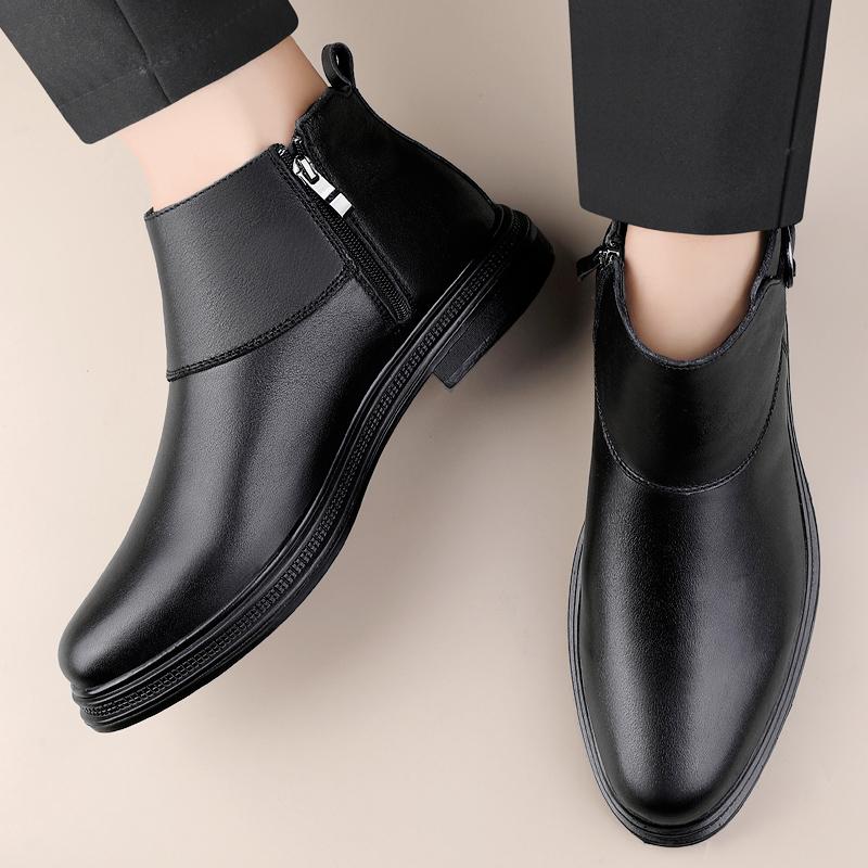 Genuine Leather Mens Business Shoes Comfy Retro Chelsea Ankle Boots High Quality Non-Slip Male Shoes Warm Plush Fur Winter Boots