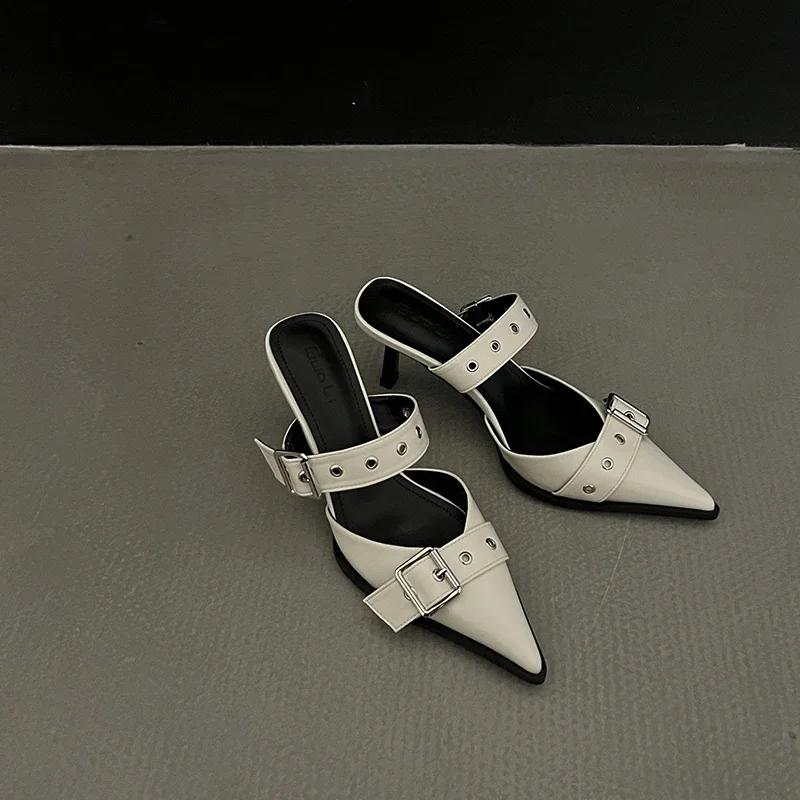 Fashion Rimocy Punk Goth Metal Buckle High Heels Women's Sandals Summer Pointed Toe Silver Party Shoes Fashion Womens Pumps Shoes