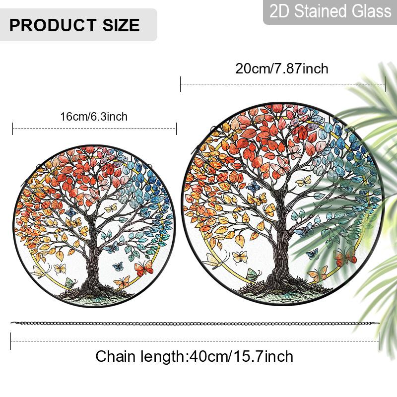 2D Flat Stained Glass Tree of Life Window Decoration, 6.3/7.87inches Colored Glass Plate with Chain, Charming Indoor/Outdoor Sun Catcher Home Garden