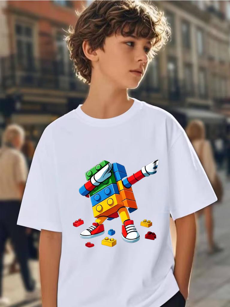 Summer Childrens Dab Dance Colorful Building Block Robot Printed ShortSleeved TShirt Boys and Girls Comfortable Casual Top