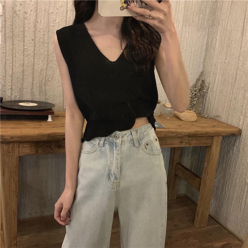 Women's Popular Summer Thin French Versatile Hollow Out Design Irregular V Neck Camisole Knit Top