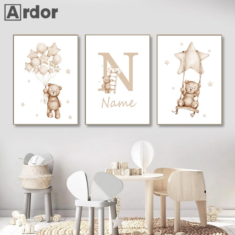 Boho Posters Cartoon Bear Canvas Painting Custom Name Poster Star Rainbow Wall Art Print Nursery Picture Baby Kids Room Decor
