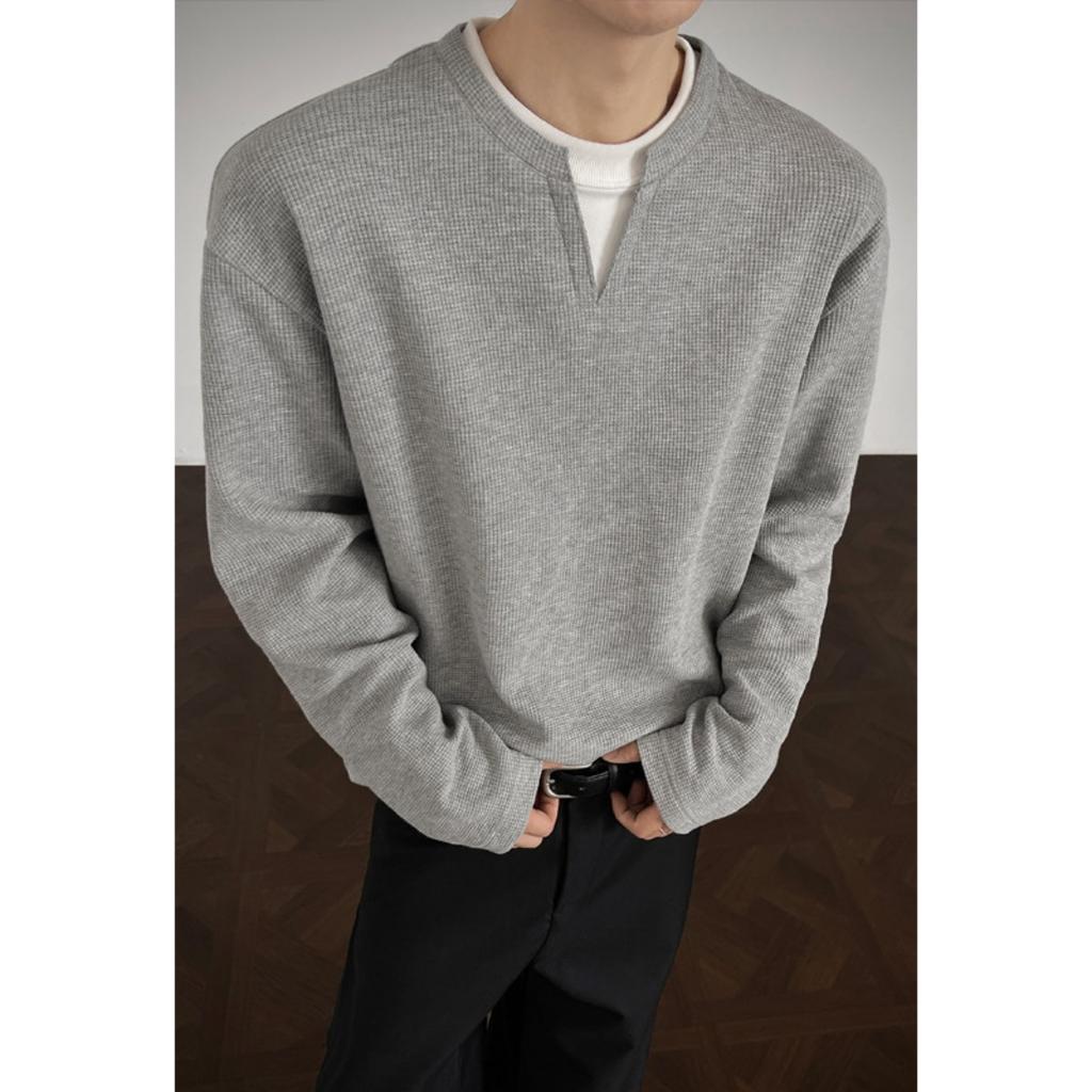 Fake Two Long Sleeved T-shirts, Men's Spring and Autumn Trend, Waffle Style Loose Fit, Bottom Layer, Simple Casual Top