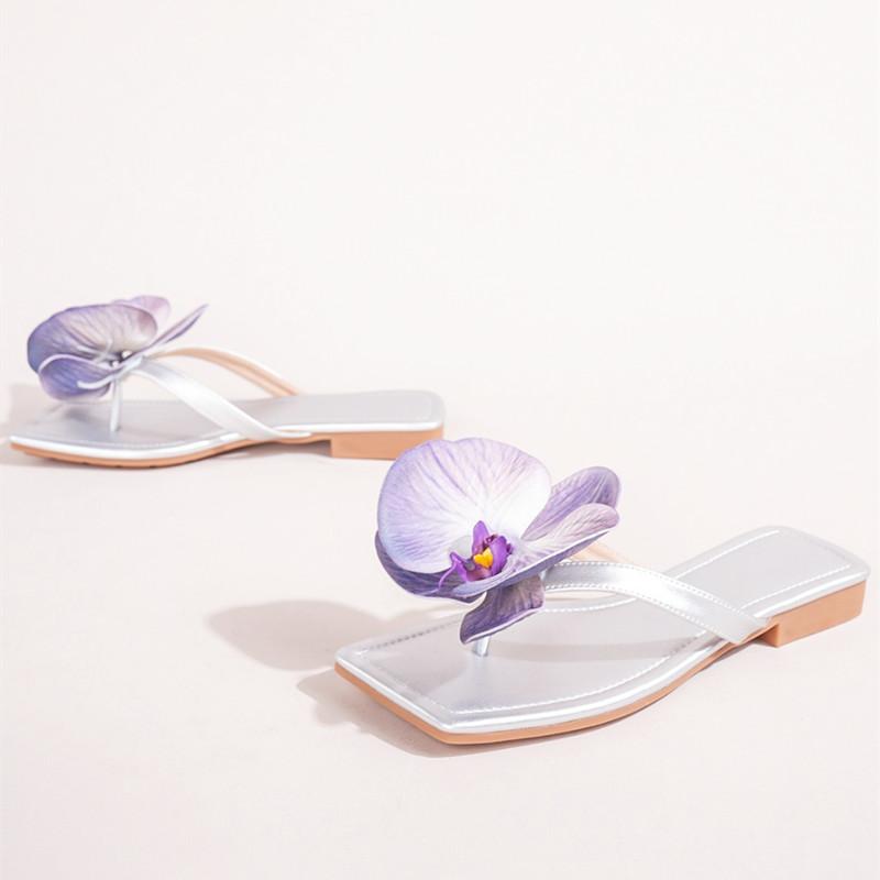 Fashion Luxury Flower Women Sandals Fashion Medium Heeled Square Toe Open-toe Large Size Women Flip-flops Simple Comfortable Women Flats