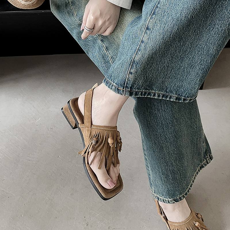 Krazing Pot Cow Suede Nubuck Summer Size 40 Hook Loop Tassel Fringe Low Heels Women Peep Toe Sandals