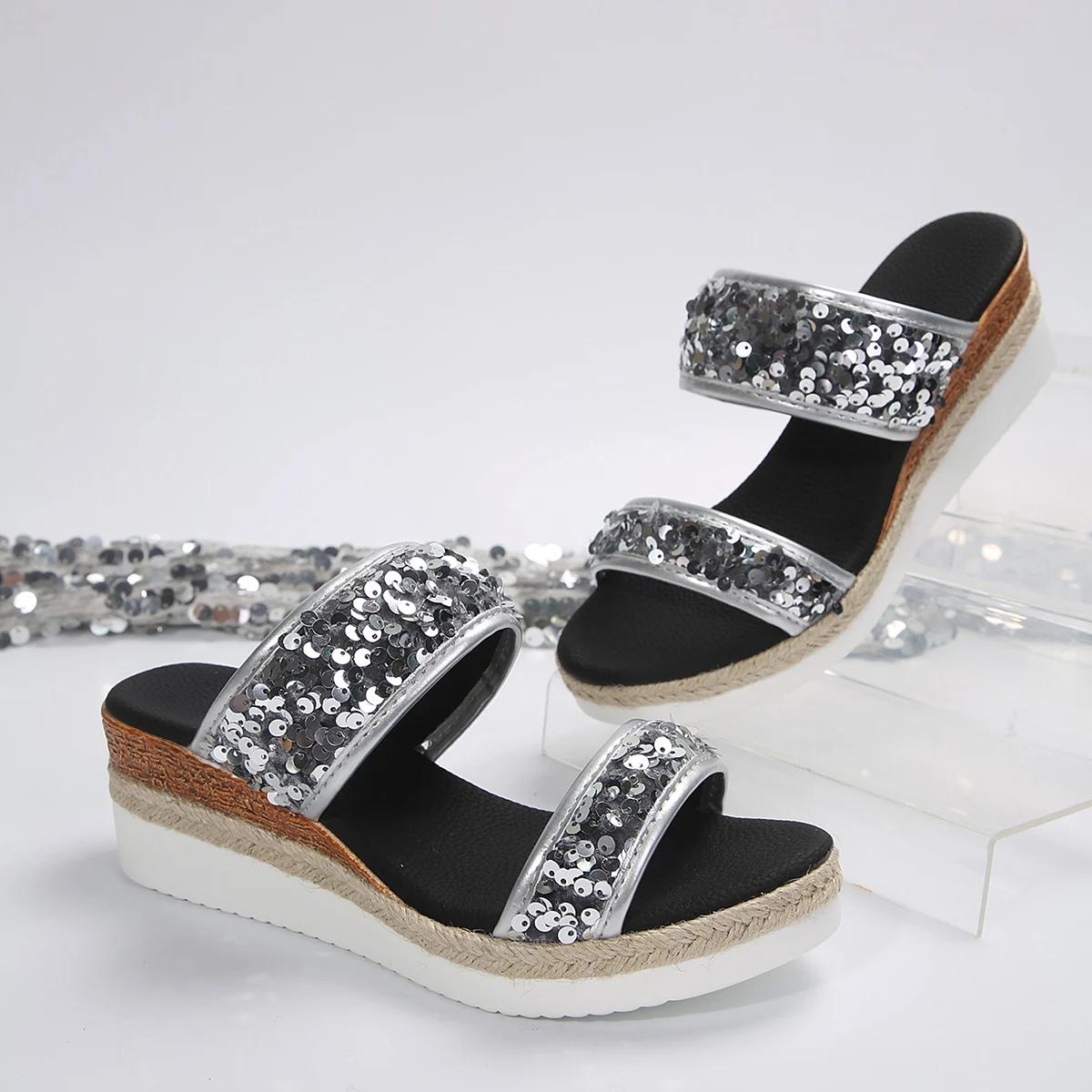 

Модные блестящие босоножки на танкетке для женщин, лето 2024, пляжные толстые серебристые тапочки на платформе, женские босоножки на каблуках 36 серебряный