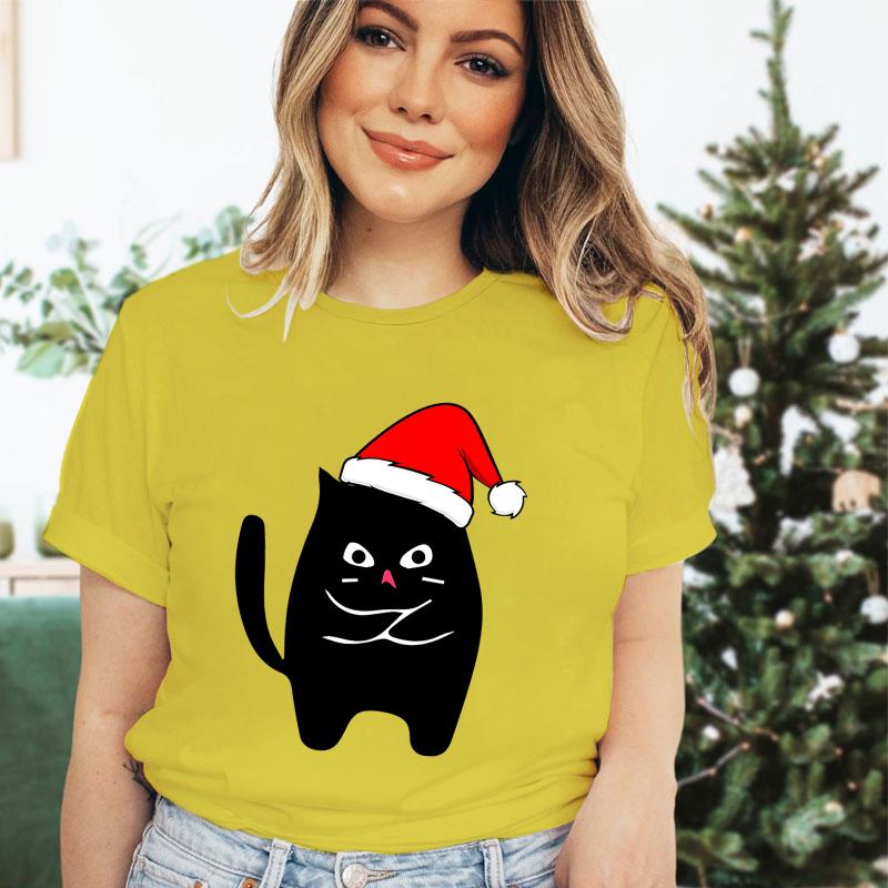 Christmas Black Santa Cat Trend Style Short Sleeve Tshirt Womens Christmas Gift Cute Animals Lovers Cartoon Classic Tshirts