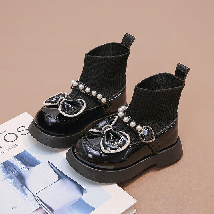 Girls Boots 2025 Autumn and Winter New Short Boots Martin Boots Children's Socks Boots Girls Single Boots Velvet Pearl Princess Shoes