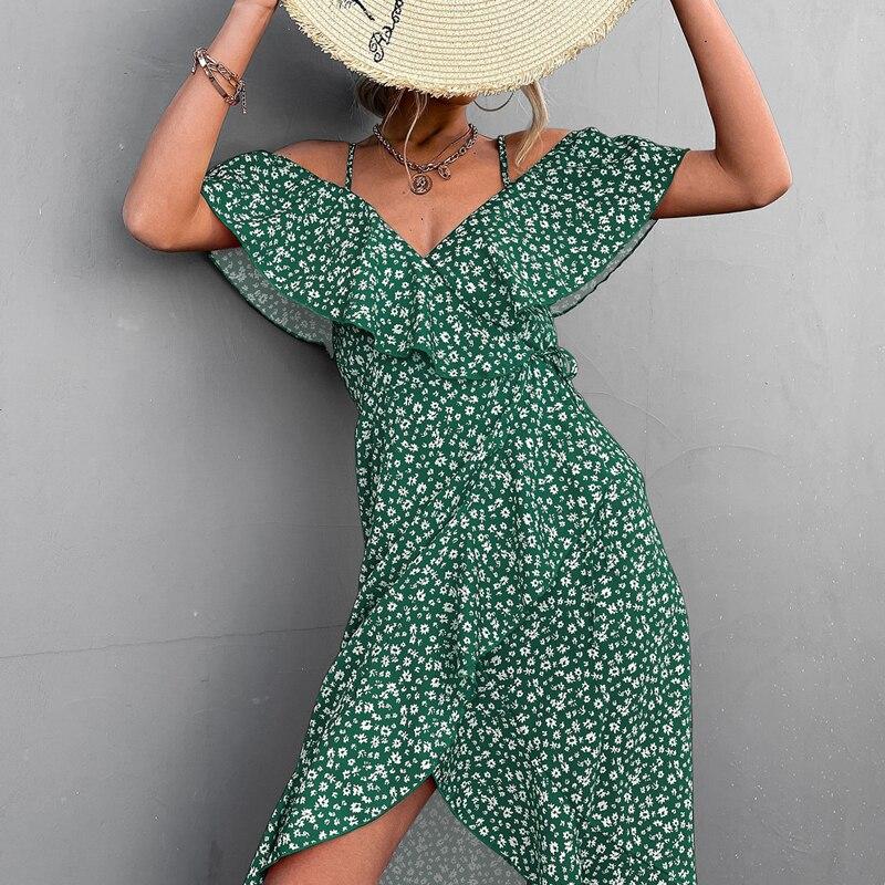 Sommer Sexy Off-Soulder Floral Slip Dress For Kvinner Casual Petal Sleeve Slash Neck Strandkjole Mote trykt skjørt Robe 24726