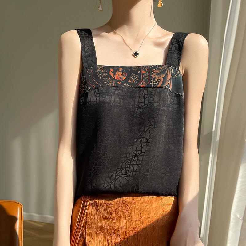 

Шелковая кофточка с китайской вышивкой, квадратным воротником и безрукавкой 4XL