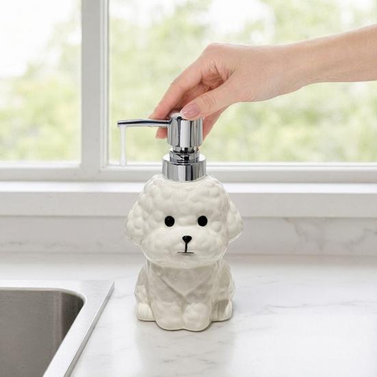 Dispensador de Sabão para Cães em Cerâmica de 400ML com Bomba Plástica, Recipiente Reabastecível em Formato de Filhote para Sabonete Líquido de Mãos, Frasco Vazio para Gel de Banho e Loção para Banheiro