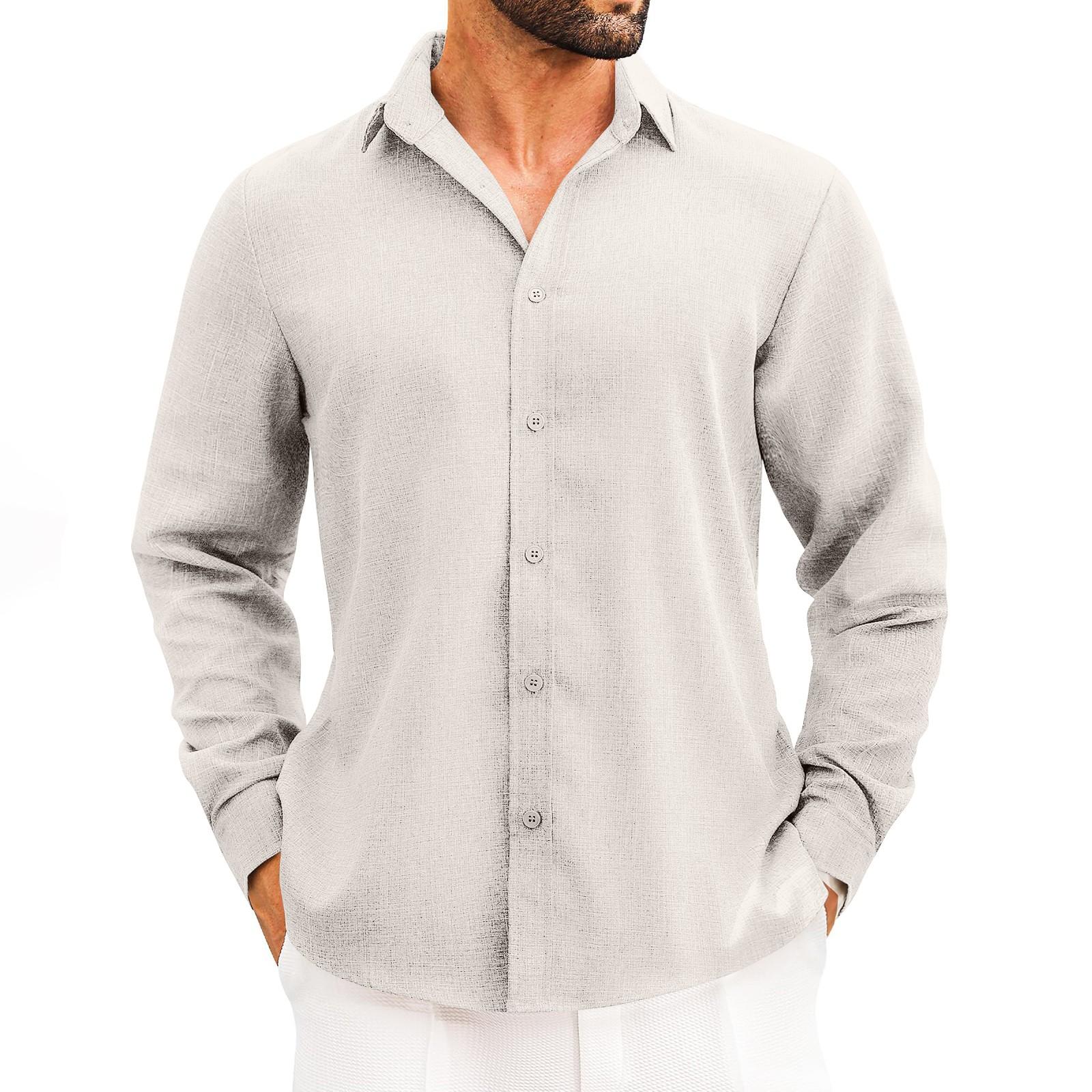 

Four Seasons Long Sleeve V-neck Loose Shirt Spring Button Color Cotton Hemp Seaside Cardigan Shirt Men M білий