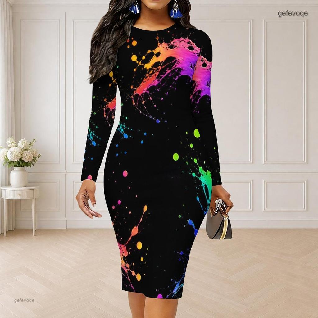 Women Plus Size Round Neck Long Sleeve Colorful Splash Printed Bodycon Midi Dress