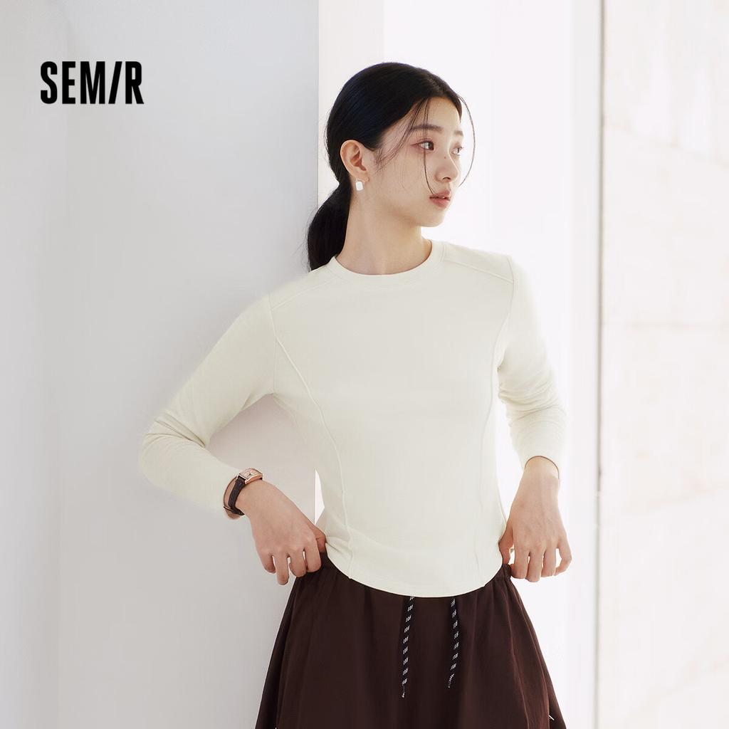 Semir Women's Long Sleeve T-Shirt Winter Herringbone Split Top Slim Fit Solid Color 2025 Slim Soft