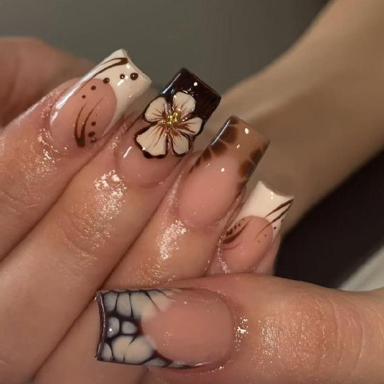 

Press On Artificial Featuring Gold Bead Floral Design And Coffee Coloring 1