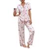 Women Heart Print Pajama Sets Cardigan+Long Pants Two Pieces Suits Summer Lady Casual Home Clothes Female Milk Silk Sleepwear