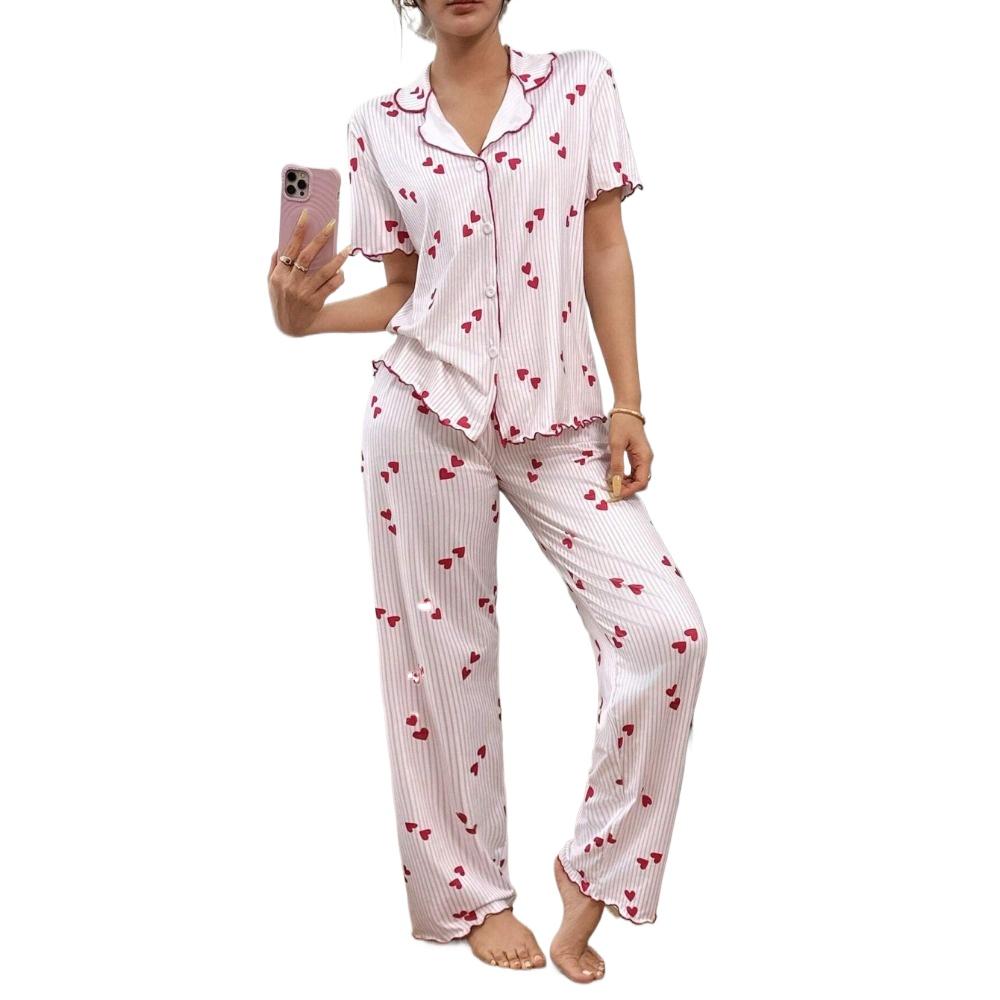 Women Heart Print Pajama Sets Cardigan+Long Pants Two Pieces Suits Summer Lady Casual Home Clothes Female Milk Silk Sleepwear