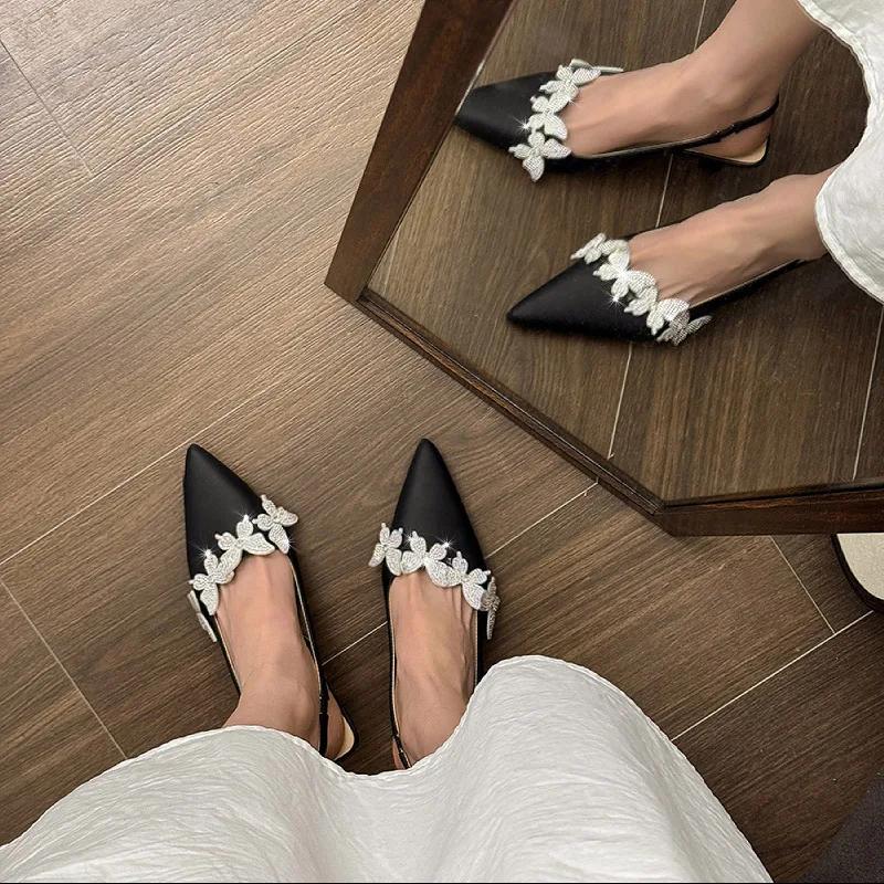 Rhinestone Sandals High Heels Female Shoe Large Size High-heeled Girls Pointed Closed Big Comfort Retro Stiletto Scandals Back S