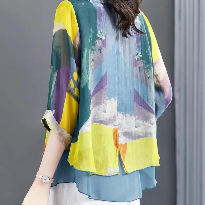 All Match Round Neck Seven Quarter Sleeved Shirt Women's Chiffon Printed Shirt New Summer Outfit Fashionable Korean Top