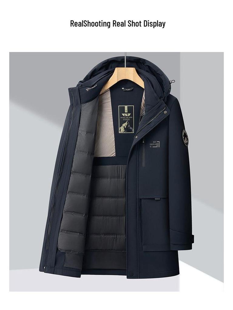 Men's Mid-Length Fitted Down Jacket with Detachable Liner - Business Casual Winter Wear
