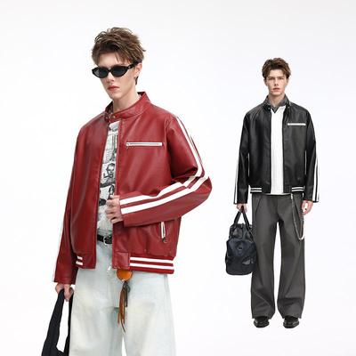 Veste en cuir tendance pour homme à col montant - Coupe ample, décontractée, à la mode, tissu confortable avec un design aux lignes simples.