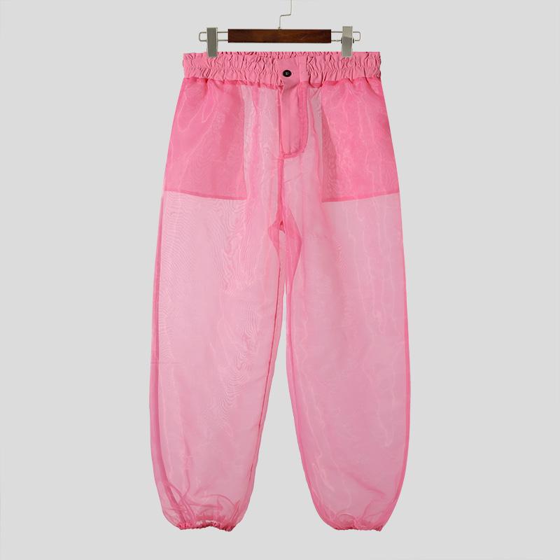 INCERUN Men Mesh Sheer See Through Long Pants Elastic Waist Transparent Trousers
