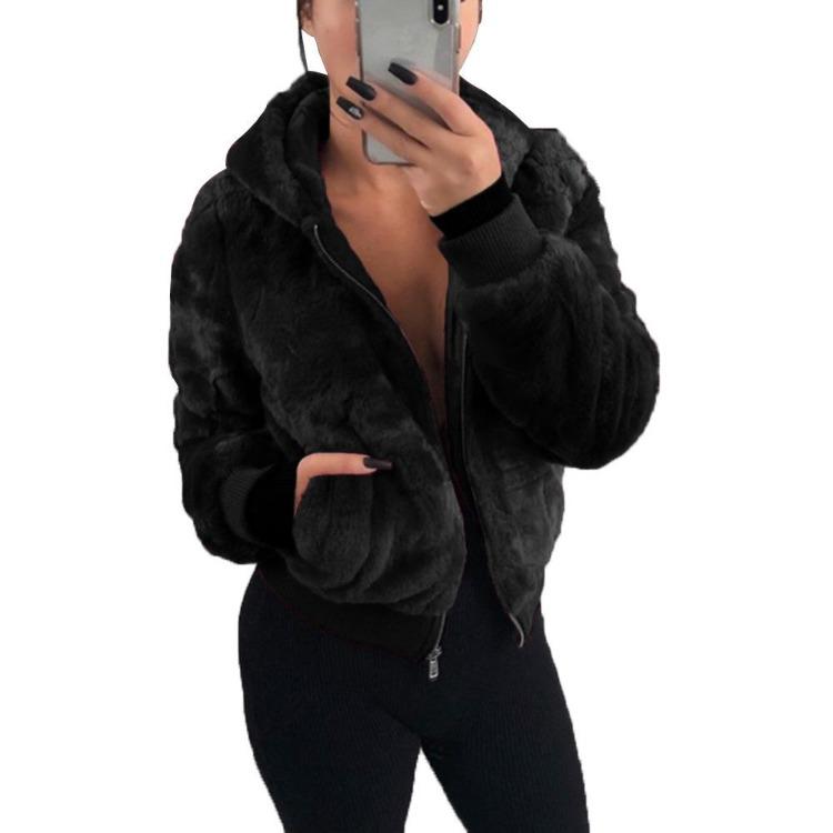 Women Bunny Fur Hooded Jacket Short Coat for Autumn Winter Female Fashion Outerwear